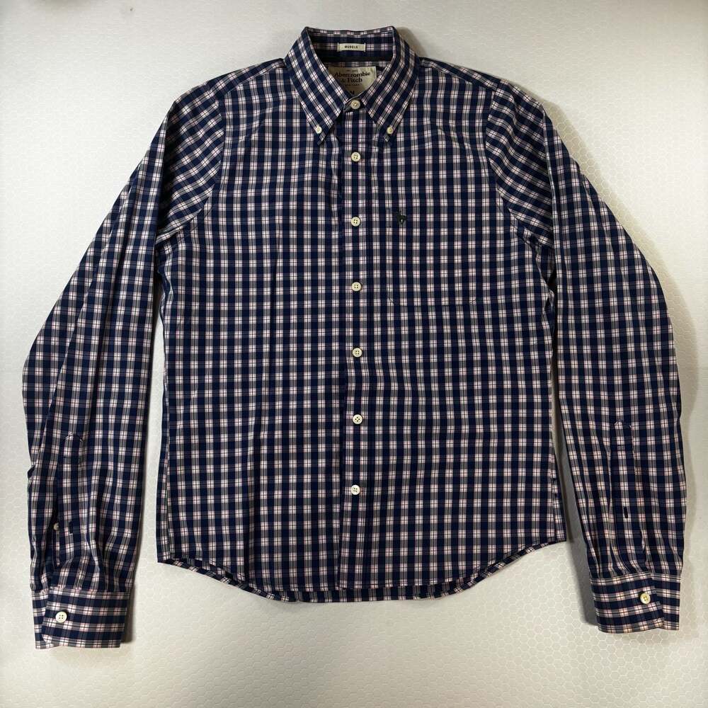 Abercrombie & Fitch Men's Muscle Fit Blue & Pink Plaid Button Shirt Size Medium